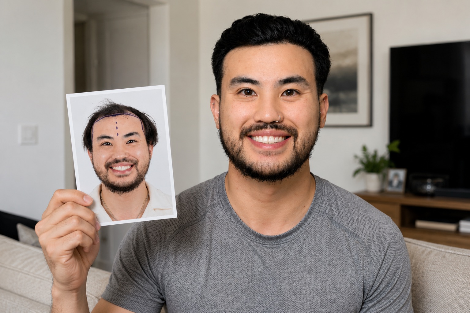 Hair transplant before and after — Asian male patient showing dramatic hairline lowering and density improvement at ReGrow Medical Beverly Hills