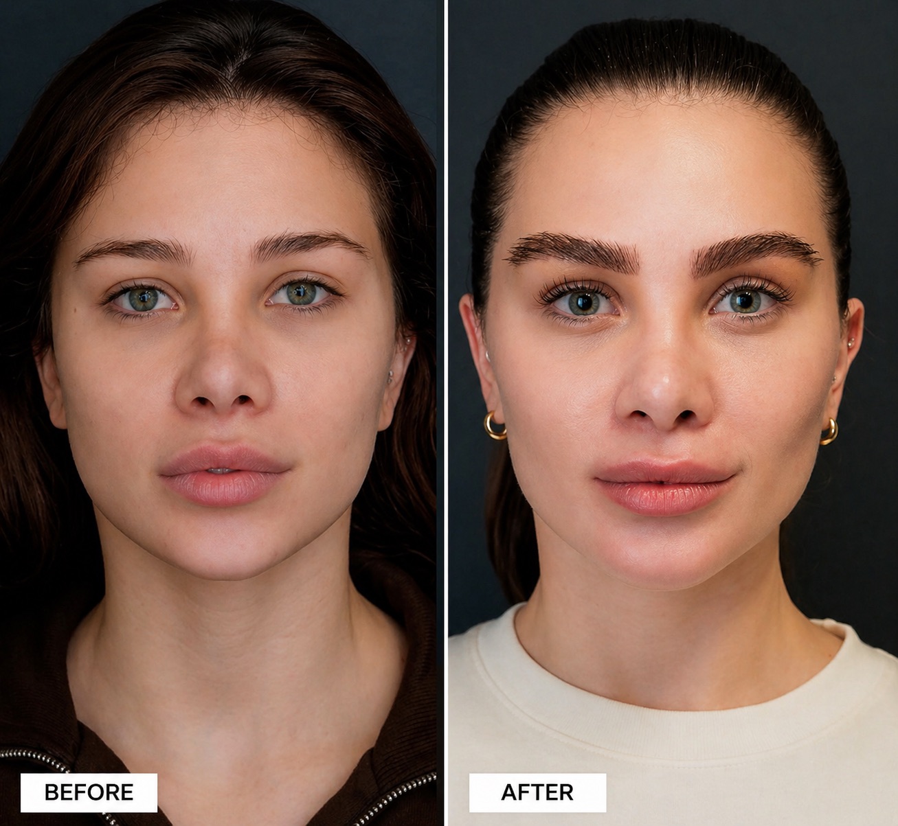 Before and after eyebrow transplant for woman at ReGrow Medical — full natural eyebrow restoration