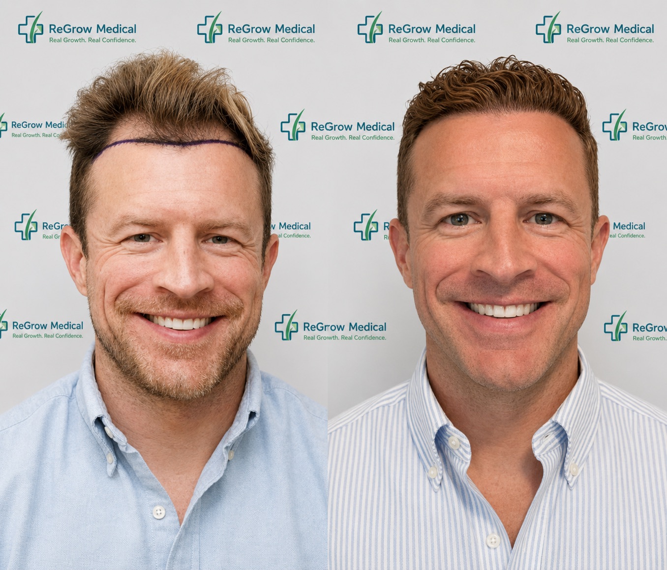 Real patient before and after FUE hair transplant at ReGrow Medical Los Angeles — natural hairline restoration