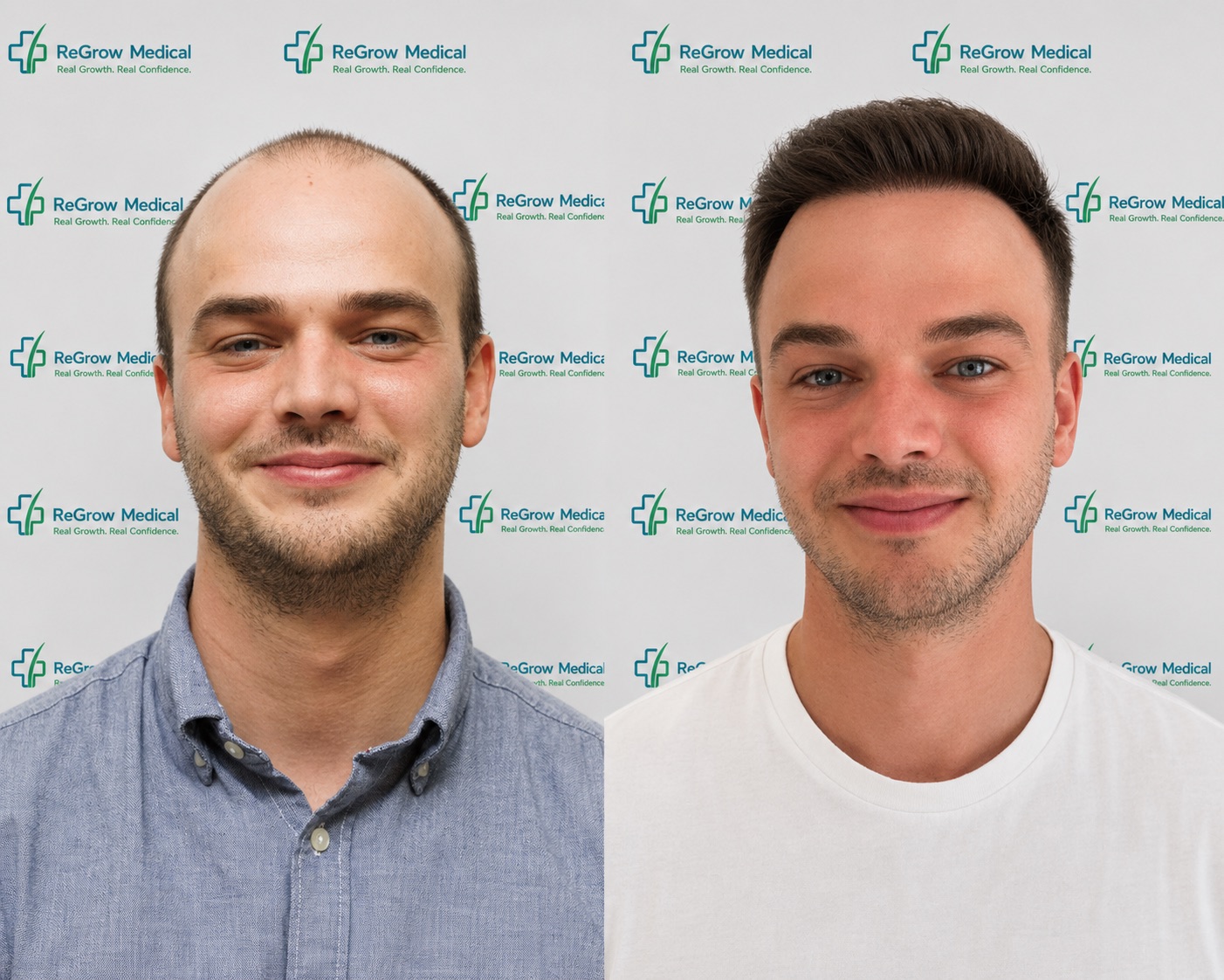 FUE hair transplant before and after — male patient showing full hairline restoration at ReGrow Medical serving Santa Barbara patients