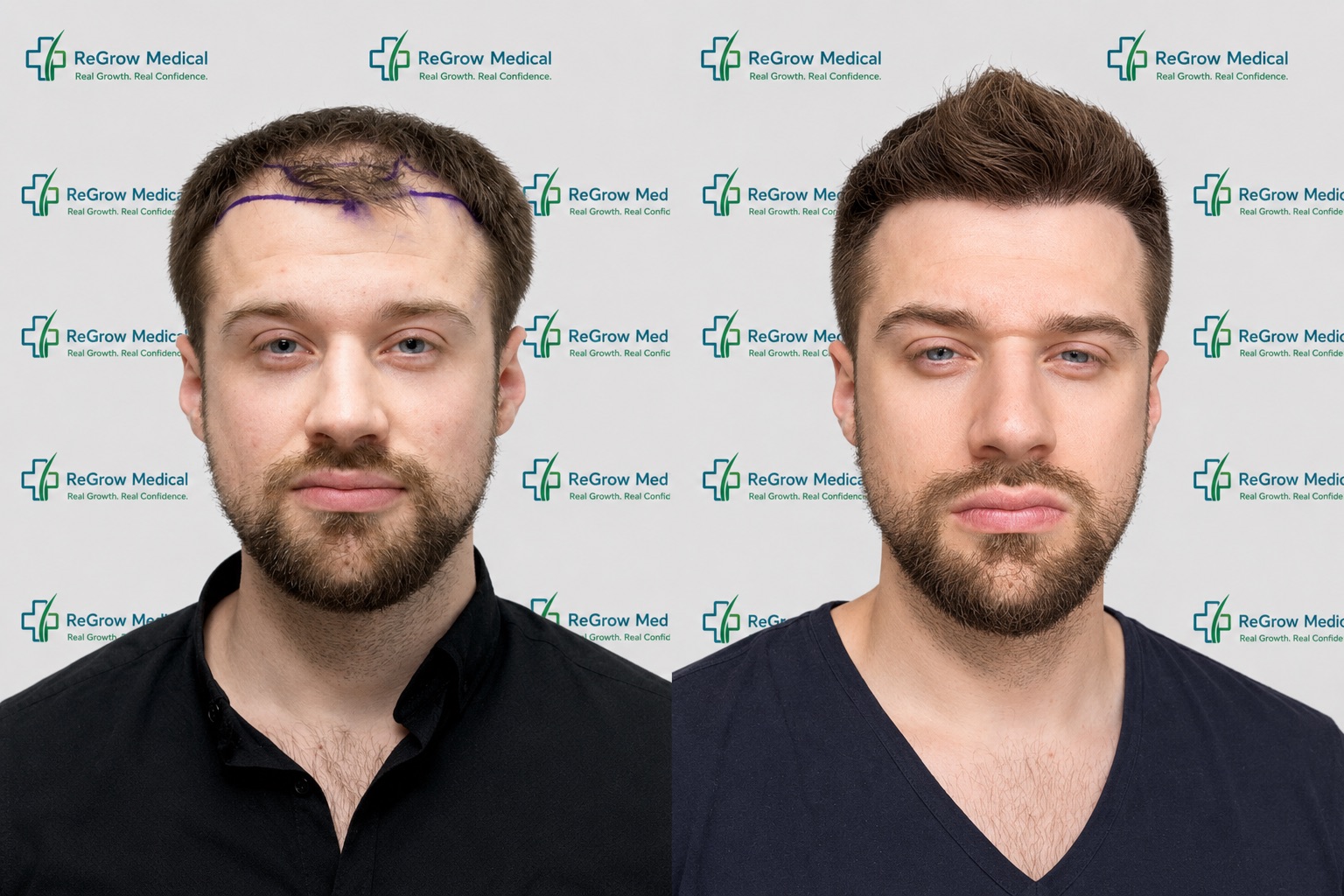 Hair transplant before and after — male patient with hairline design markings and 12-month result at ReGrow Medical