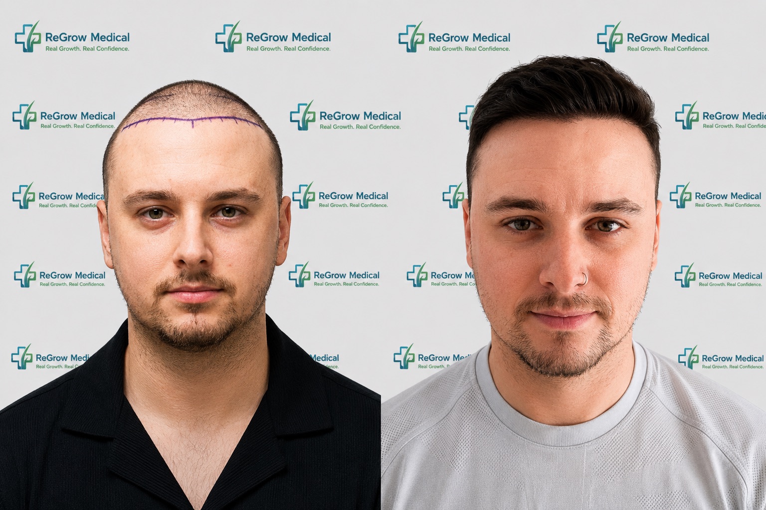 FUE hair transplant before and after — male patient showing dramatic hairline density improvement at ReGrow Medical
