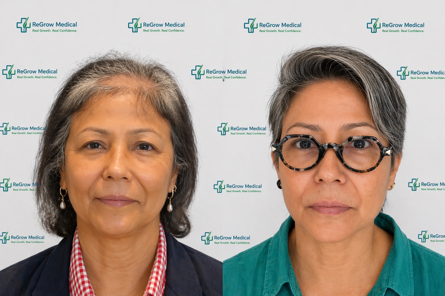 Female hair transplant before and after — woman showing improved hair density and volume at ReGrow Medical serving Santa Barbara