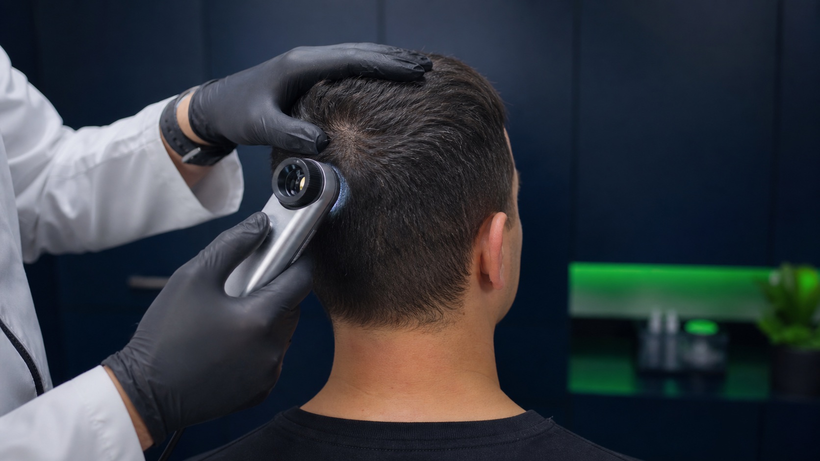 Illustrative clinician examining a patient’s scalp and donor area during a hair-loss evaluation