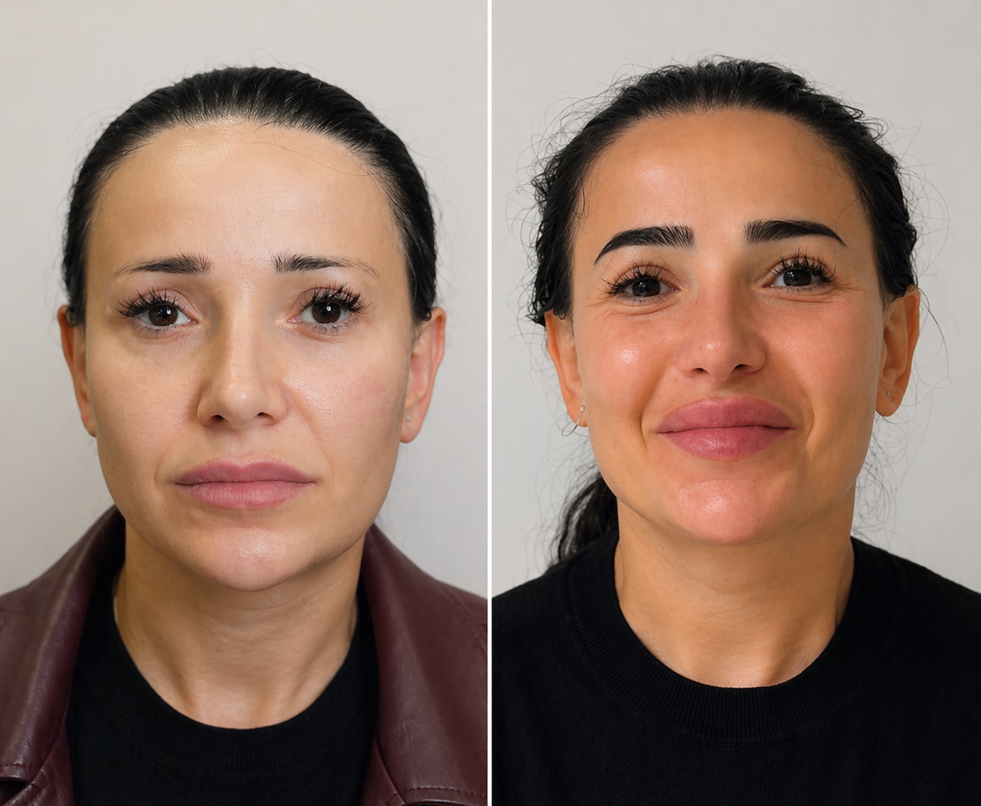 Eyebrow transplant comparison: before on the left and 12–18 months after on the right