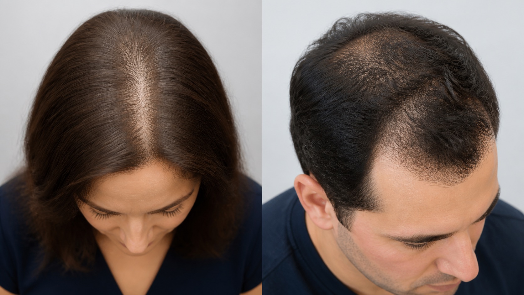 Side-by-side illustration of diffuse hair thinning and male-pattern hair loss