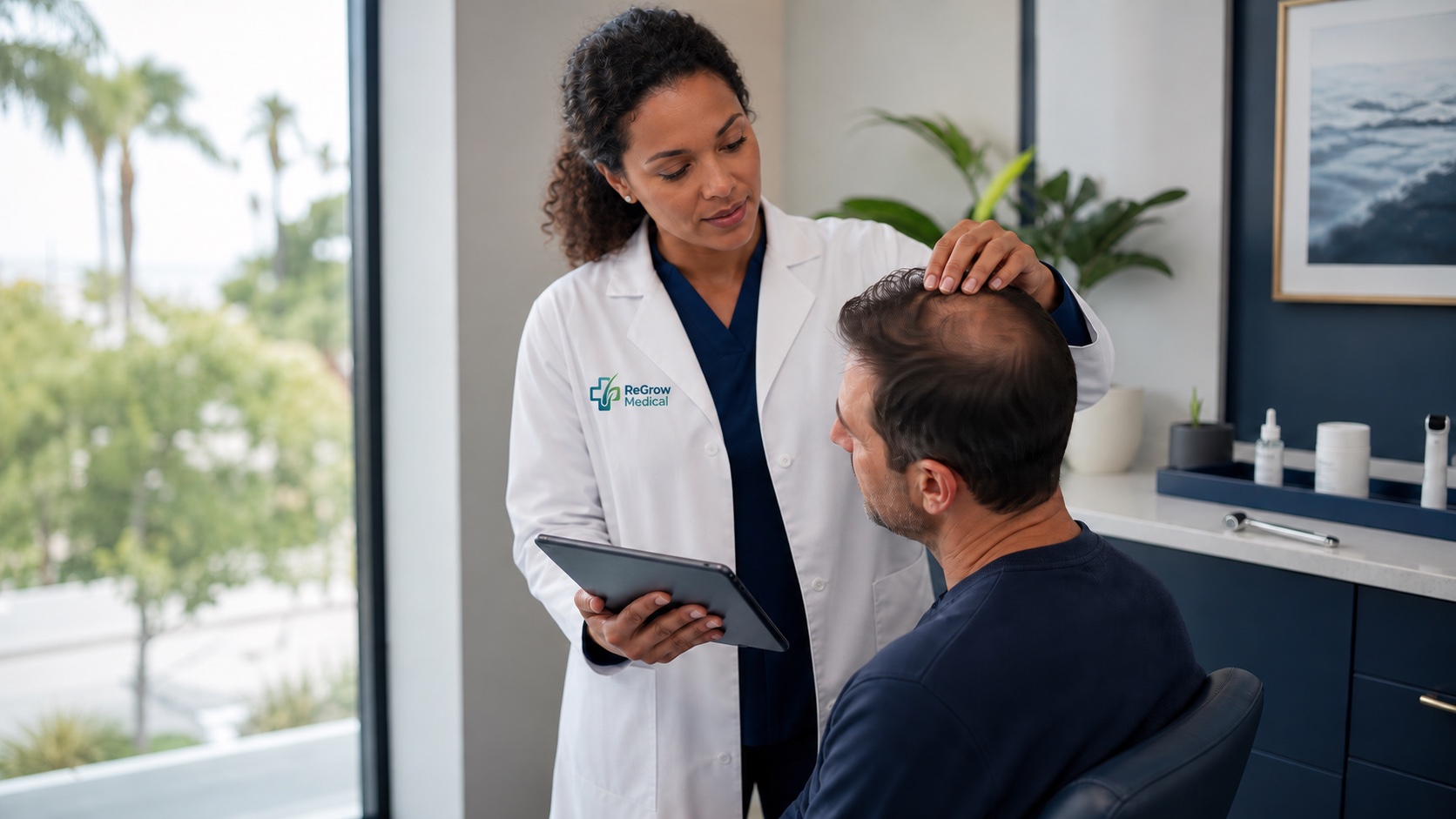 Illustrative clinician wearing a ReGrow Medical embroidered coat and examining a patient's thinning crown