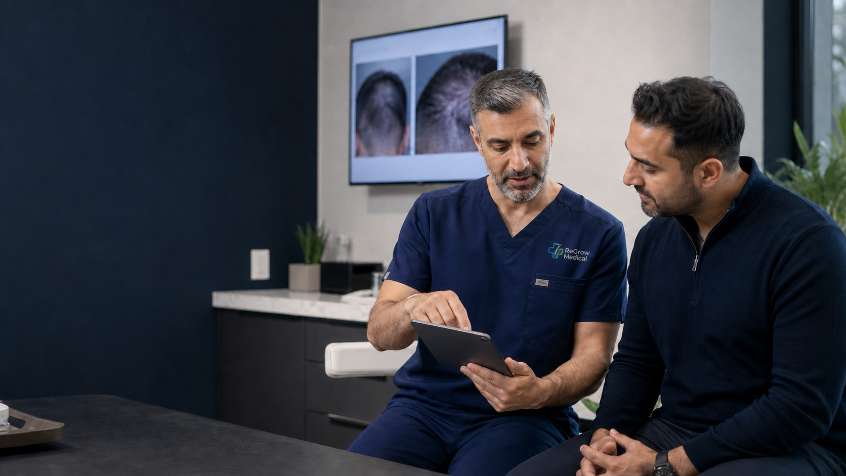 ReGrow Medical clinician reviewing a hair-restoration assessment with a patient