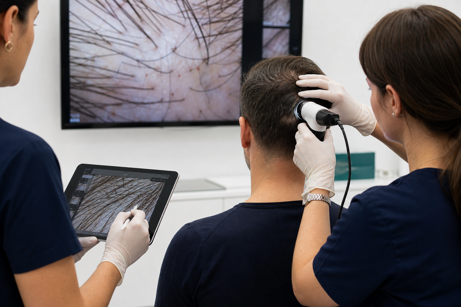 Illustration of a clinical team examining a patient's donor area with scalp magnification