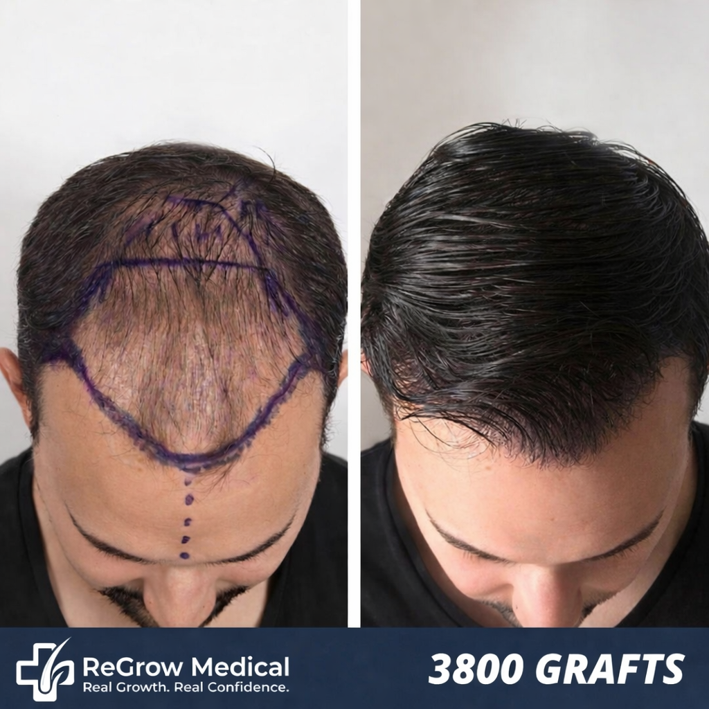 Illustrative ReGrow Medical frontal hairline planning example labeled 3,800 grafts