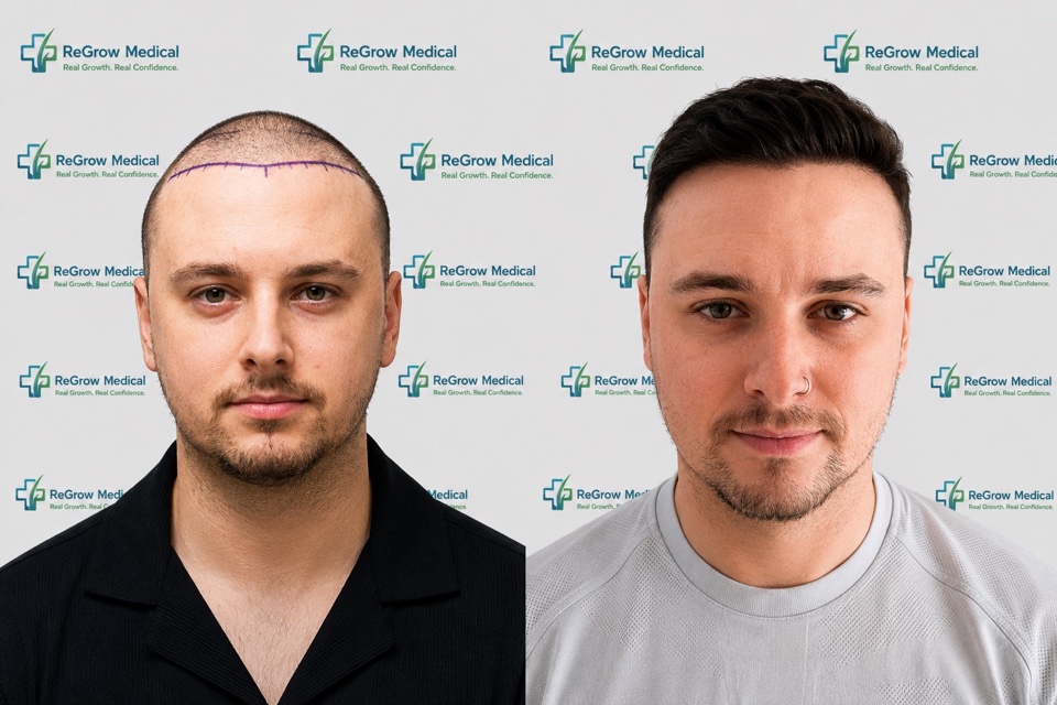 ReGrow Medical hair restoration comparison 18: Hairline Restoration; before on the left and after on the right