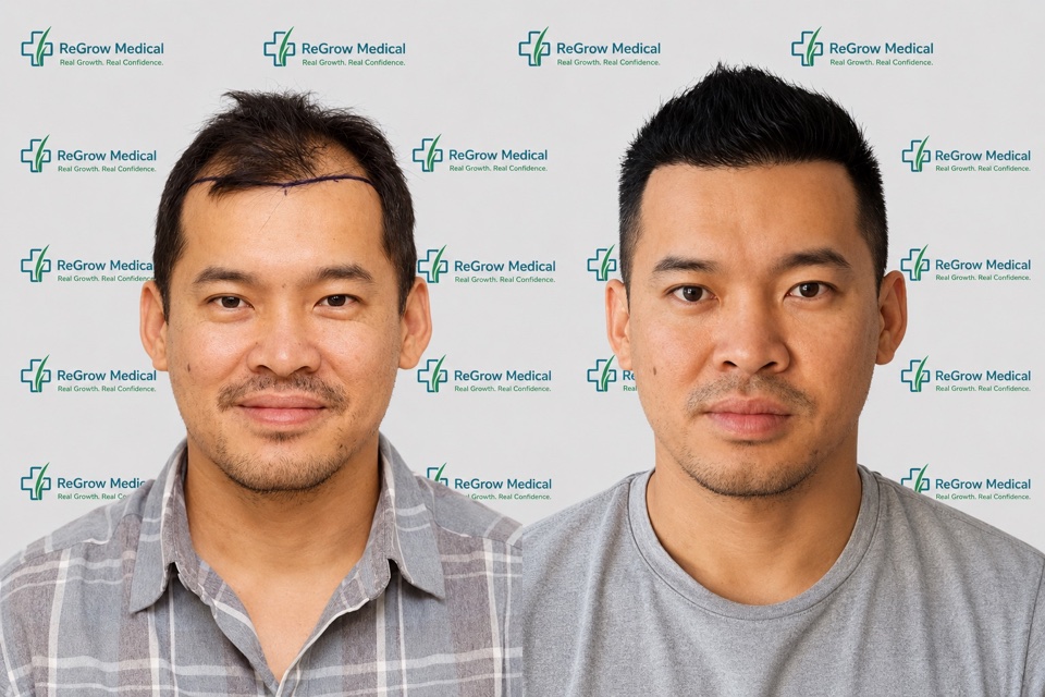 ReGrow Medical hair restoration comparison 20: Natural Hairline Design; before on the left and after on the right