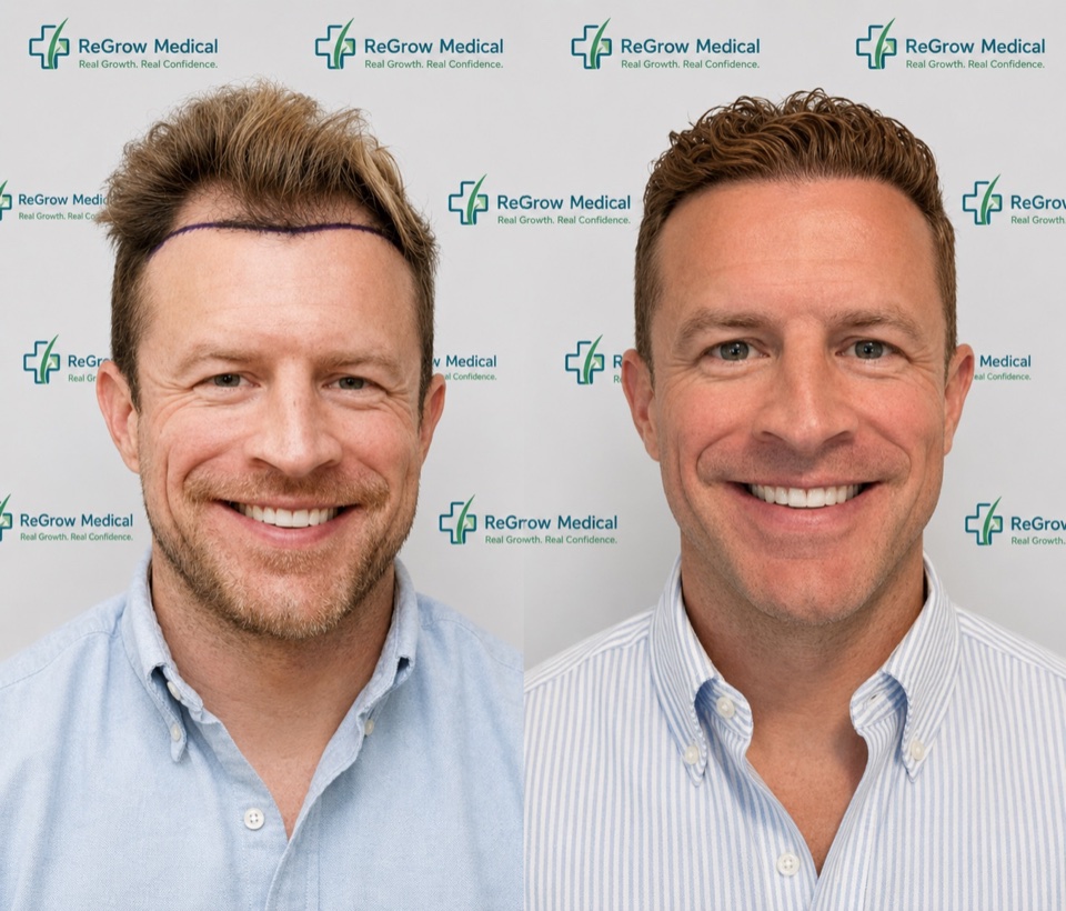 ReGrow Medical hair restoration comparison 21: Hairline & Density Rebuild; before on the left and after on the right