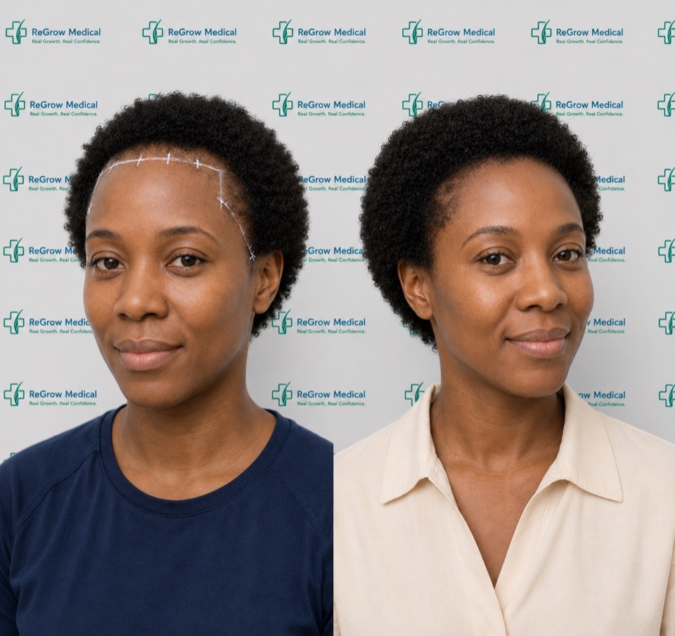 ReGrow Medical female hair restoration comparison 24: Traction Alopecia Repair; before on the left and after on the right