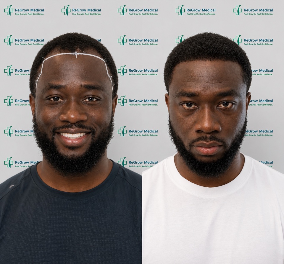 ReGrow Medical hair restoration comparison 25: African-American Hairline; before on the left and after on the right