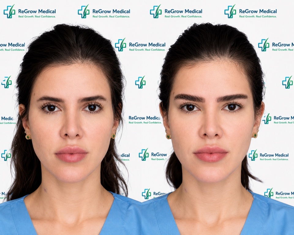 ReGrow Medical eyebrow restoration comparison 27: Bold Brow Transformation; before on the left and after on the right