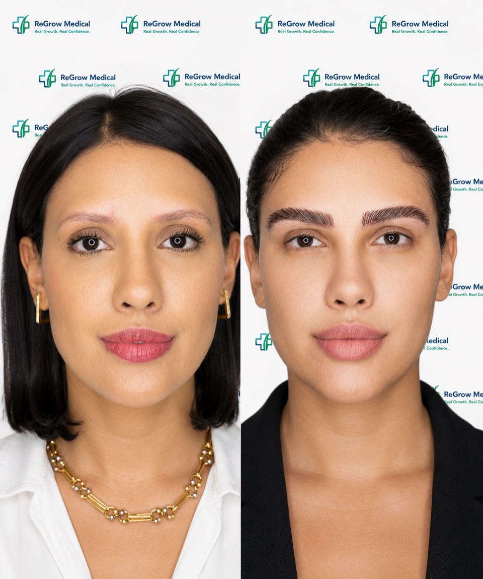 ReGrow Medical eyebrow restoration comparison 28: Natural Brow Density Rebuild; before on the left and after on the right