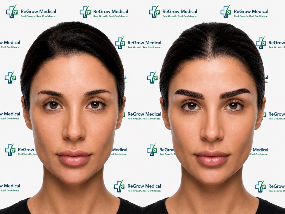 ReGrow Medical eyebrow restoration comparison 29: Full Brow Shape Restoration; before on the left and after on the right