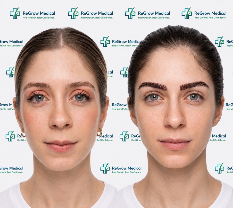 ReGrow Medical eyebrow restoration comparison 30: Defined Arch & Tail; before on the left and after on the right