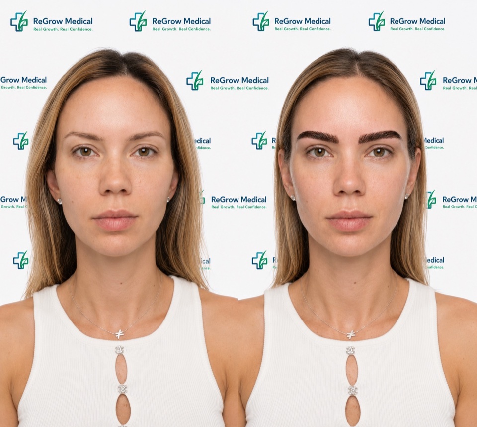 ReGrow Medical eyebrow restoration comparison 31: Brow Density Enhancement; before on the left and after on the right