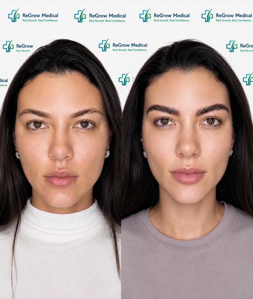 ReGrow Medical eyebrow restoration comparison 32: Complete Brow Redesign; before on the left and after on the right
