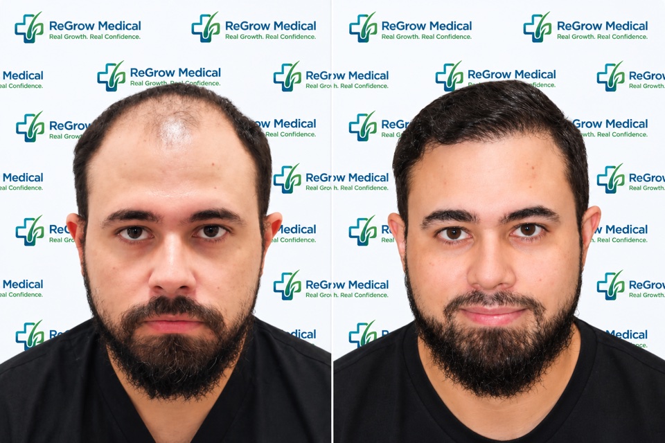 ReGrow Medical hair restoration comparison 33: Frontal Hairline Restoration; before on the left and after on the right