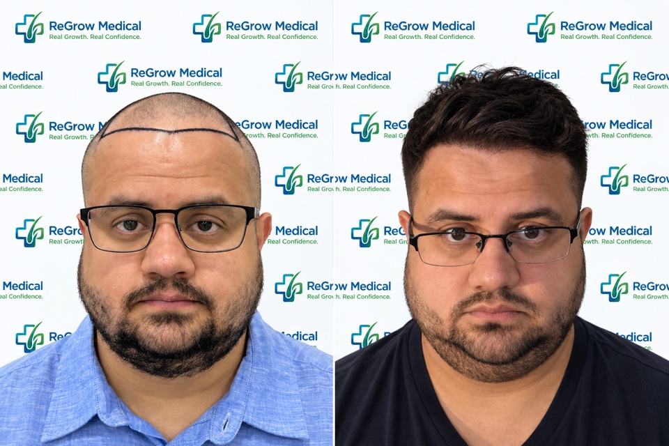 ReGrow Medical hair restoration comparison 35: Hairline Planning & Result; before on the left and after on the right