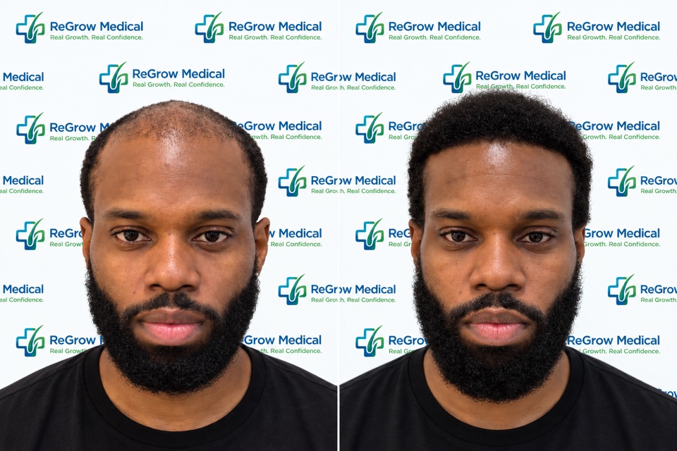 ReGrow Medical hair restoration comparison 36: Frontal Hair Restoration; before on the left and after on the right