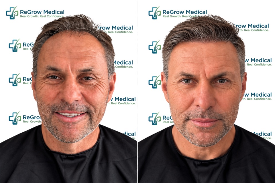 ReGrow Medical hair restoration comparison 39: Frontal Hairline Comparison; before on the left and after on the right