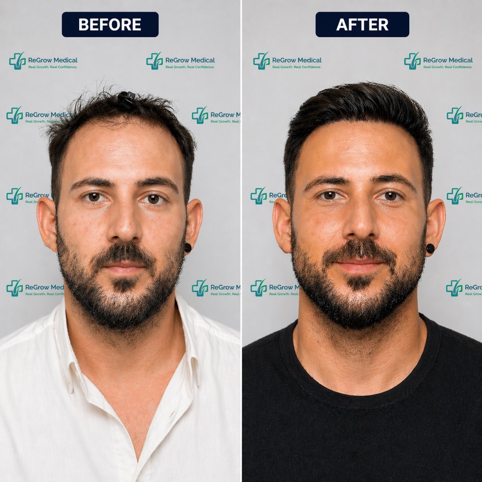 ReGrow Medical hair restoration comparison 4: Hairline & Crown; before on the left and after on the right