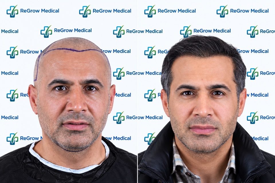 ReGrow Medical hair restoration comparison 40: Hairline Planning & Follow-Up; before on the left and after on the right