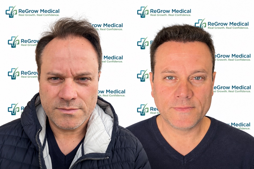 ReGrow Medical hair restoration comparison 41: Frontal Hairline Comparison; before on the left and after on the right