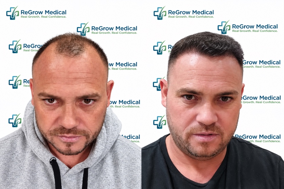 ReGrow Medical hair restoration comparison 42: Hairline & Frontal Coverage; before on the left and after on the right