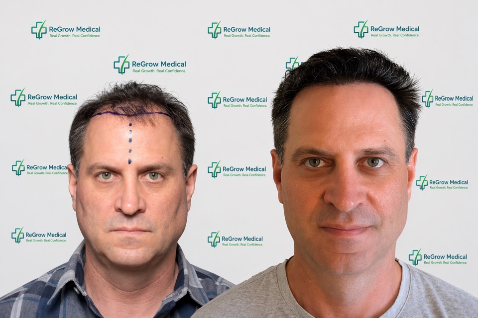 ReGrow Medical hair restoration comparison 7: Hairline Restoration; before on the left and after on the right