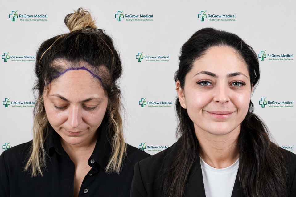 ReGrow Medical hair restoration comparison 9: Full Transformation; before on the left and after on the right